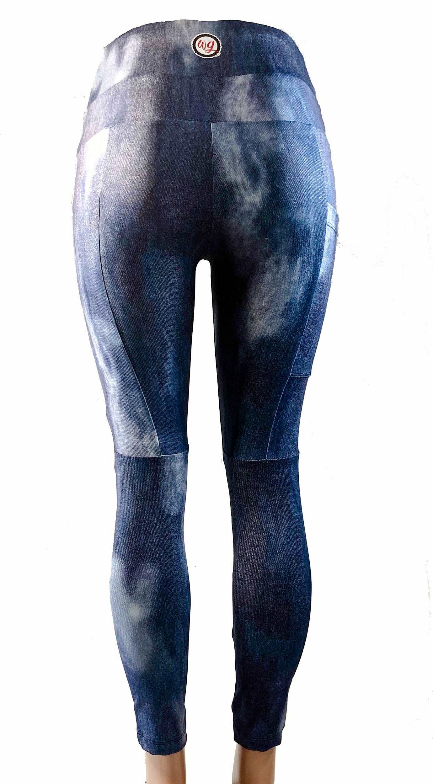 Blue jean bike cycling pants with yoga waistband and large pockets.